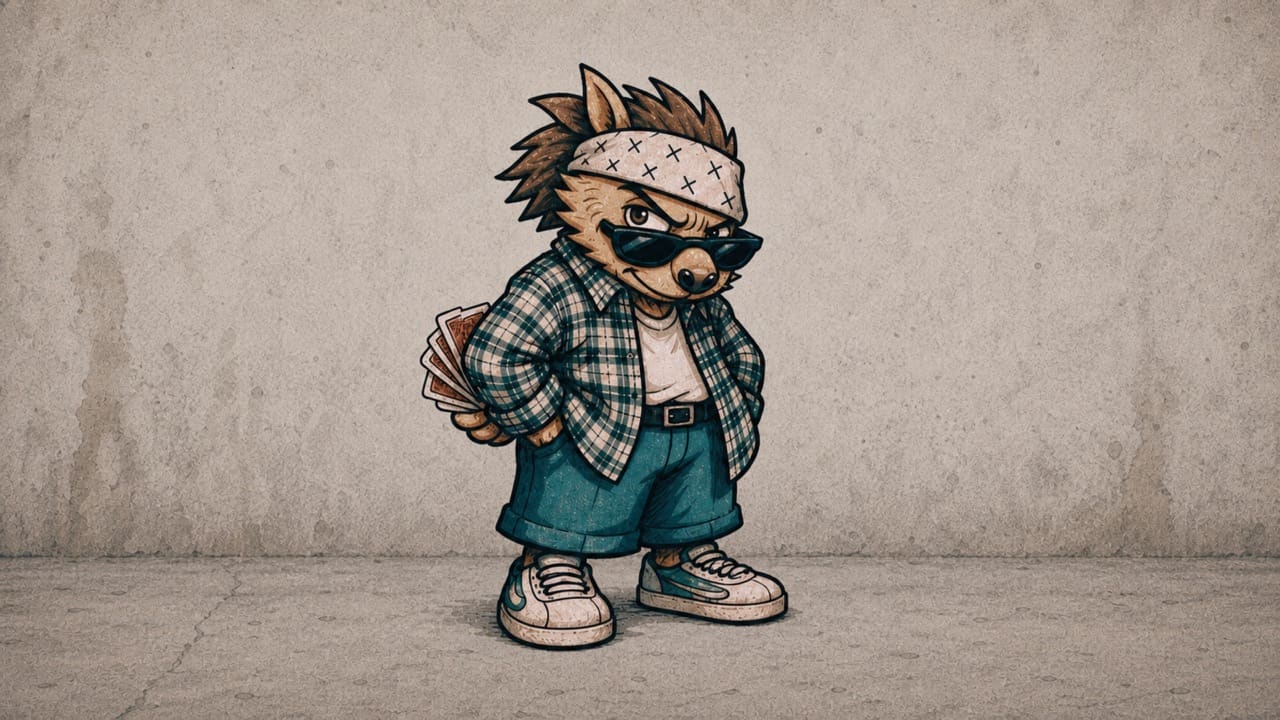 Young Homie card hustler with sunglasses and playing cards behind his back